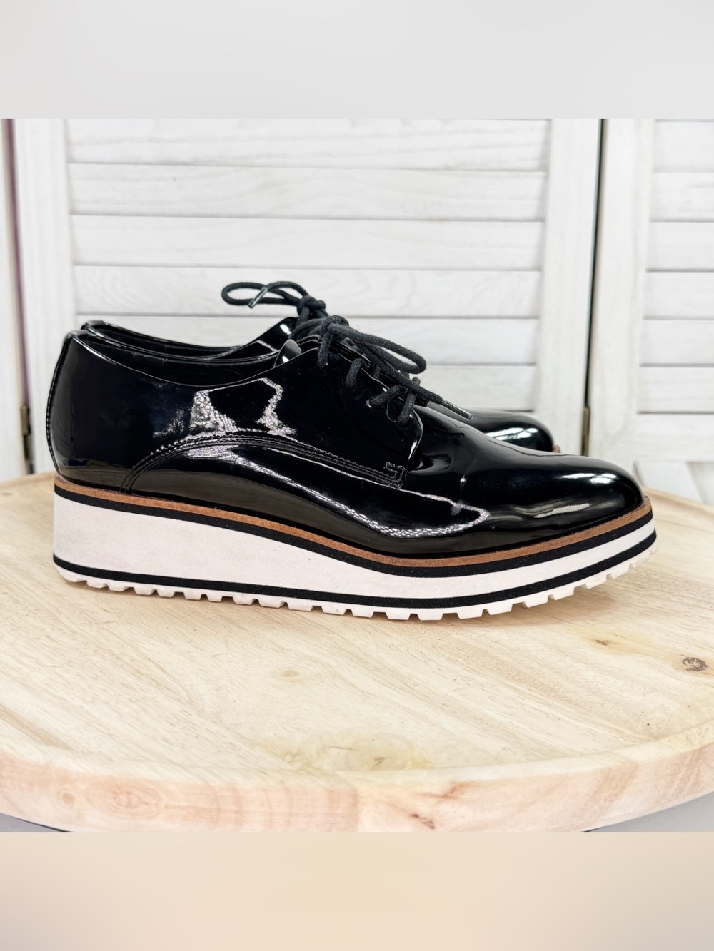 Aldo Ereillan Platform Patent Leather Pointed Toe Oxford Loafers Black White 7.5